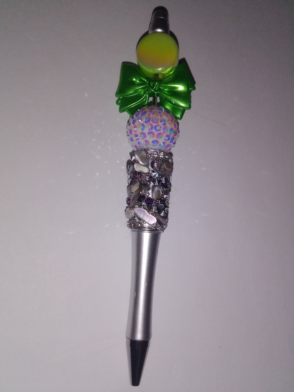 Embellished Silver Ballpoint Pen with Green Bow